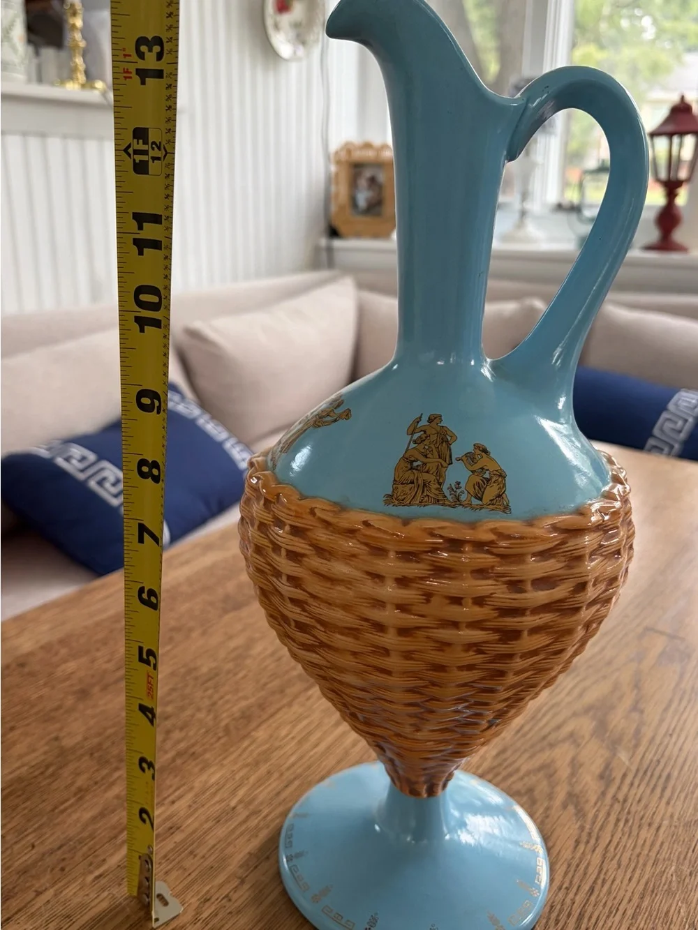 Source Unknown Blue and Brown Wicker-Style Ceramic Pitcher Duo